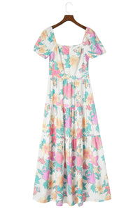 Multicolor Square Neck Puff Sleeve Tiered Floral Maxi Dress