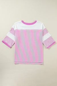 Striped Patchwork 3/4 Sleeve Oversize Top