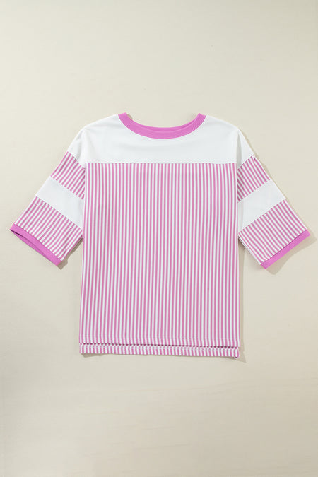 Striped Patchwork 3/4 Sleeve Oversize Top