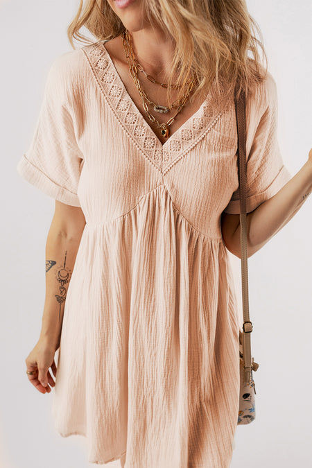 Folded Short Sleeve Lace V Neck Mini Dress