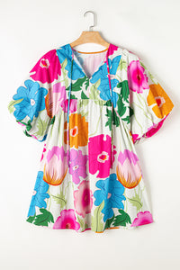 Floral Print Split Neck Babydoll Dress