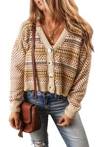 Khaki Buttoned V Neck Cropped Cardigan