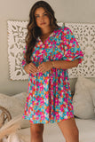 Floral Print Tie Split Neck Bubble Sleeve Babydoll Dress