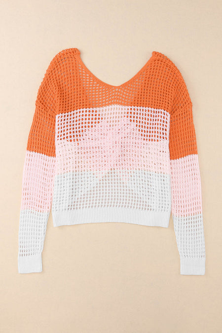 Color Block Eyelet Long Sleeve Twisted Back Knit Top
