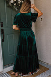 Velvet Short Sleeve Shirred Waist Tiered Maxi Dress