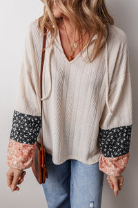 Floral Patchwork Textured Knit Drawstring V Neck Blouse