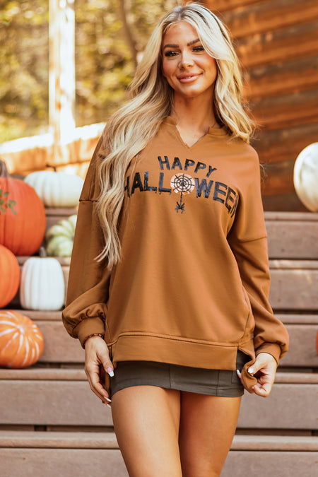 Sequin Happy Halloween Graphic Notched Neck Long Sleeve Loose Top