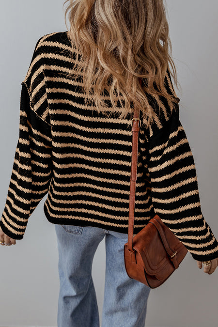 Stripe Drop Shoulder Round Neck Loose Sweater