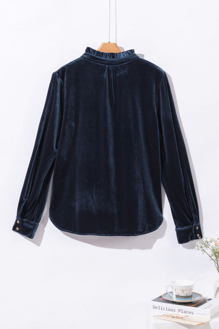 Navy Blue Frilled Neck Buttoned Front Velvet Top