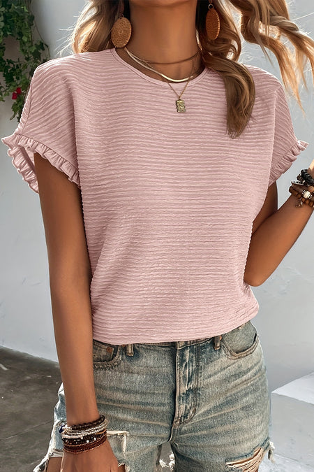 Solid Textured Ruffled Short Sleeve Blouse