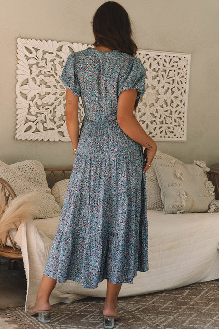 Printed V Neck Shirred Short Puff Sleeve Maxi Dress