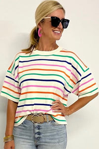 Beige Stripe Dropped Short Sleeve Boxy Fit Knitted Top