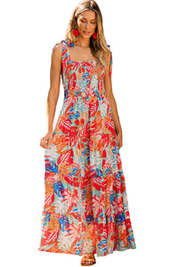 Tropical Print Smocked Ruffle Tiered Maxi Dress