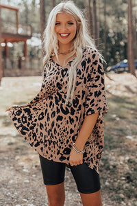 V Neck Half Sleeve Oversized Leopard Tee