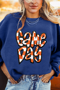 Chenille Checkered Game Day Graphic Drop Shoulder Corded Sweatshirt