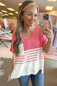 Contrast Stripes V Neck Knitted Short Sleeve Top