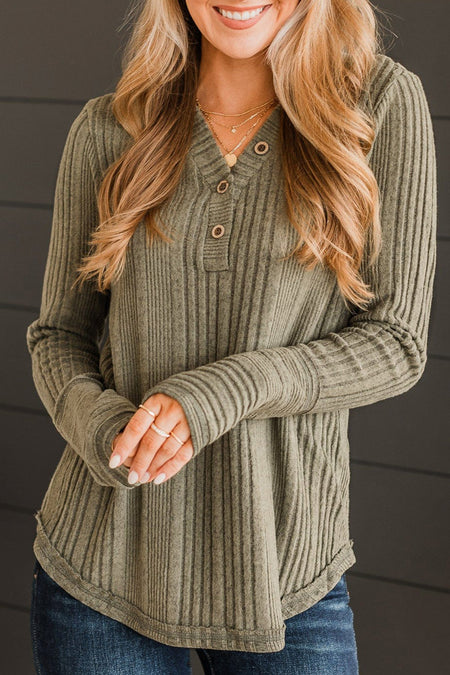 V Neck Buttoned Ribbed Knit Top
