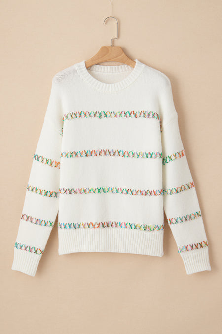 Colorful Crossed Stitch Drop Shoulder Sweater