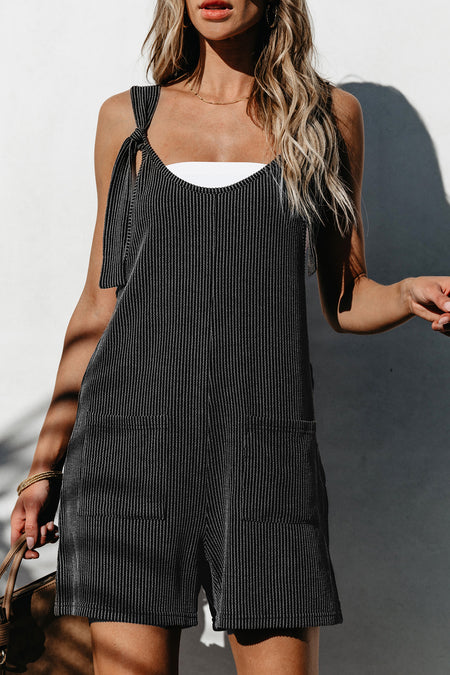 Striped Print Knotted Straps Pocketed Romper