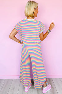 Stripe Rainbow Tee Tasseled String Wide Leg Pants Set