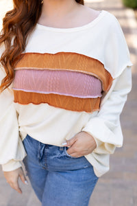 Corded Exposed Seam Knit Patchwork Drop Sleeve Top