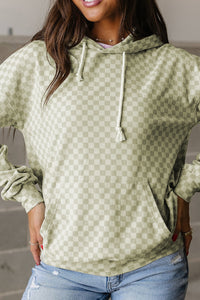 Checkered Print Kangaroo Pocket Drawstring Hoodie