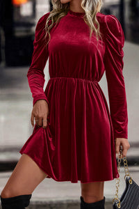 Velvet Frilled Neck Gigot Sleeve Swing Dress