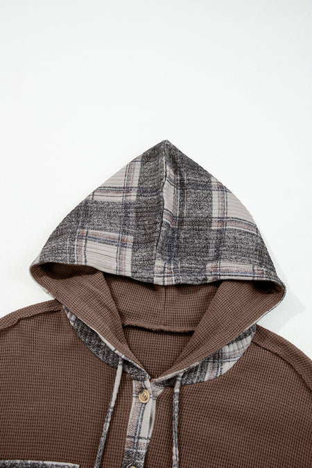 Patchwork Drawstring Hooded Plaid Shacket