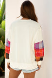 Beige Contrast Plaid Long Sleeve Exposed Seam Patchwork Top