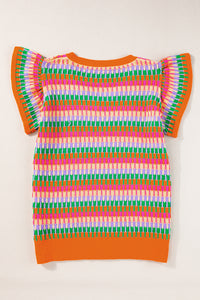Green Multicolor Flutter Sleeve Knitted Sweater Top