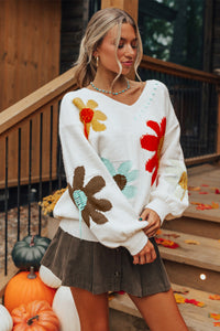 Flower Pattern V Neck Drop Shoulder Sweater