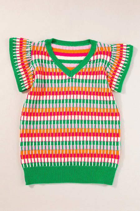 Green Multicolor Flutter Sleeve Knitted Sweater Top