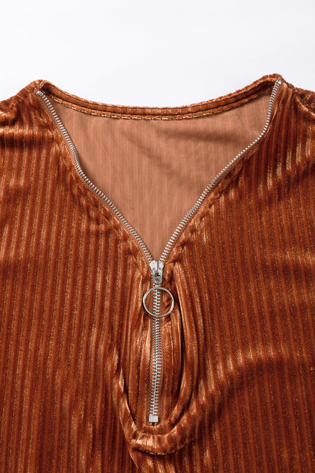 Chestnut Half Zip V Neck Ribbed Velvet Top