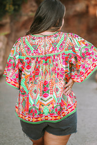 Fashion Printed Wide Sleeve Plus Size Blouse