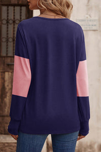 Stripe Colorblock Button Decor Long Sleeve V Neck Top