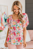 Watercolor Floral Square Neck Ruffle Sleeve Blouse
