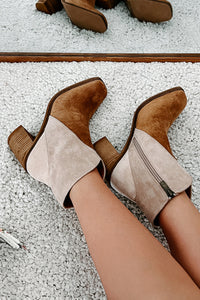 Two Tone Faux Suede Square Toe Chunky Heel Boots