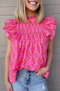 Floral Print Pleated Ruffled Flutter Sleeve Blouse