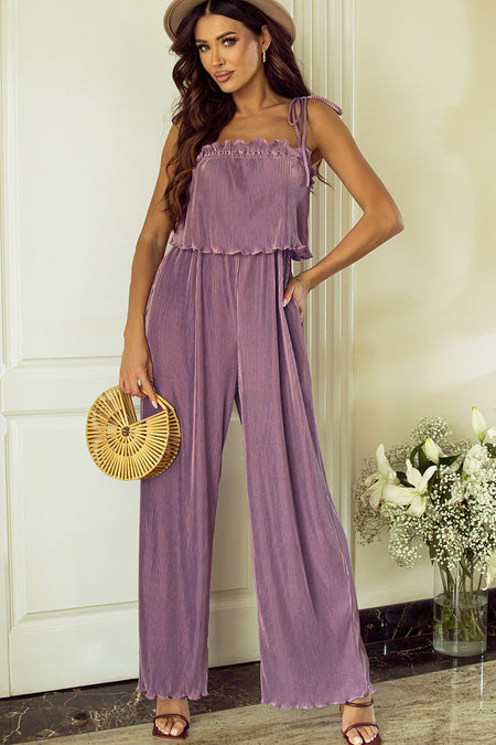 Solid Self Tied Straps Pleated Wide Leg Jumpsuit