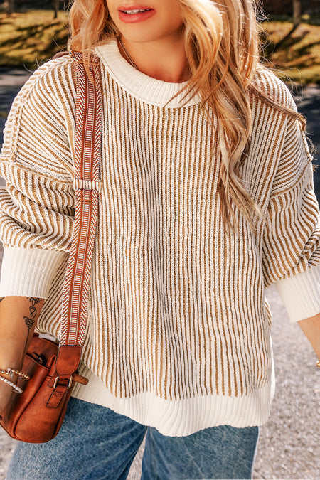 Striped Textured Knit Contrast Edge Loose Sweater