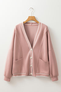 V Neck Buttoned Front Pocketed Knit Cardigan