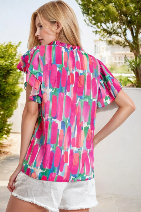 Abstract Brush Print Ruffled Sleeve Frill V Neck Blouse