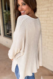 Waffle Knit Side Slits Loose Fit V Neck Top