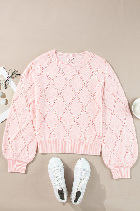 Openwork Plaid Puff Sleeve Cropped Sweater