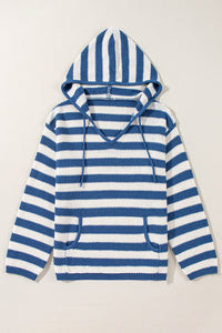 Stripe V Neck Pocketed Drawstring Hooded Sweater