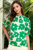 Green Floral Puff Sleeve Frill Neckline Blouse