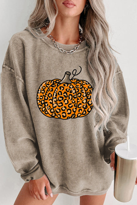 Halloween Leopard Pumpkin Graphic Corded Sweatshirt