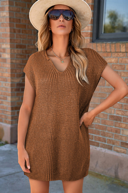 Solid Color Short Sleeve Notched V Neck Sweater Dress