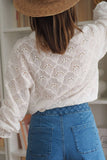 Fanshaped Lace Hollow out Split Neck Puff Sleeve Blouse
