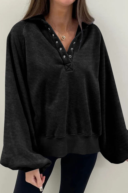 Snap Buttons Collared Balloon Sleeve Oversized Sweatshirt